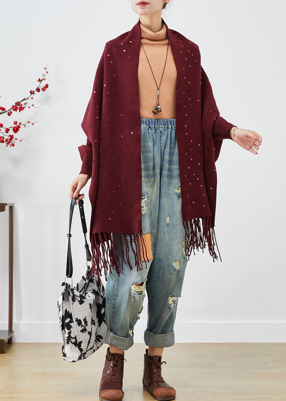 Mulberry Sequins Tasseled Knit Cardigan Winter