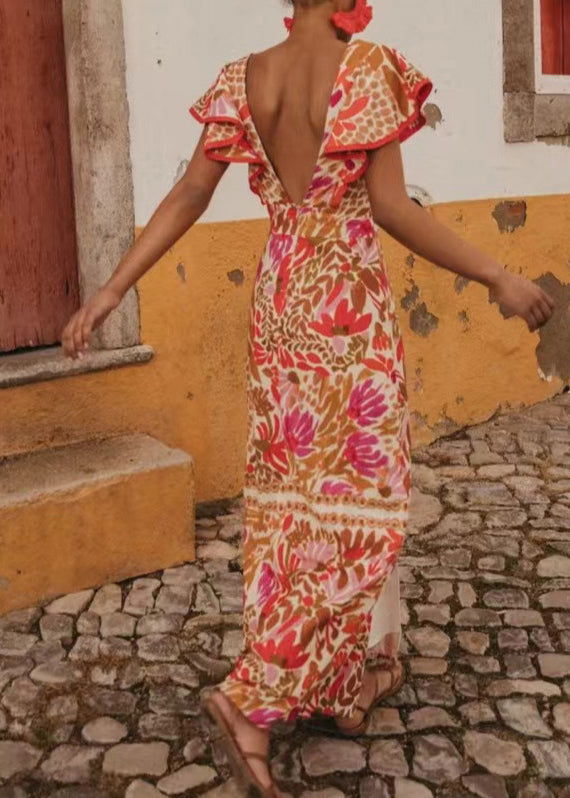 Orange V Neck Print Cotton Long Dresses Butterfly Sleeve
