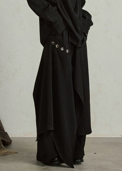 Novelty Black Asymmetrical Patchwork Button Wide Leg Pants Skirt