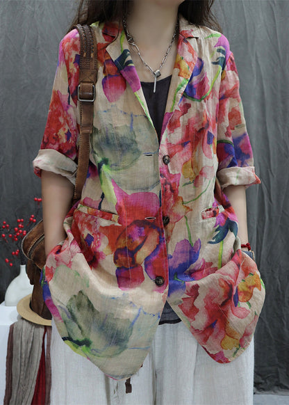 New Apricot Print Back Open Pockets Cotton Coats Bracelet Sleeve