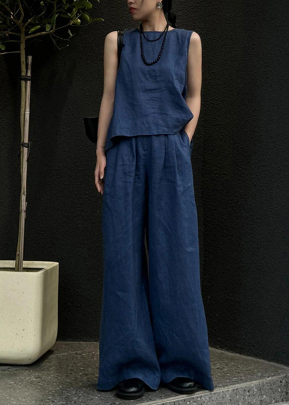Blue Linen Vest and Wide Leg Pants Two Pieces Set Sleeveless