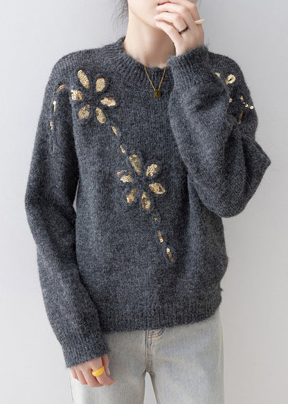 Fitted Grey O Neck Sequins Loose Knit Sweaters Spring