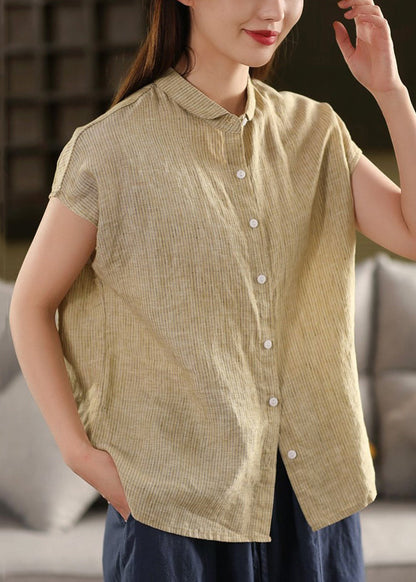 Striped Coffee Peter Pan Collar Button Linen Blouse Summer
