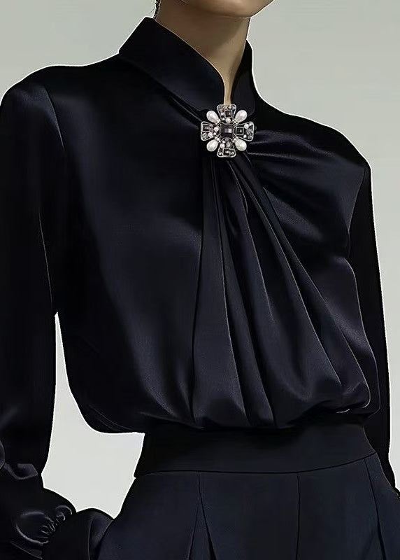 Navy Stand Collar Wrinkled Silk Shirt Top Spring