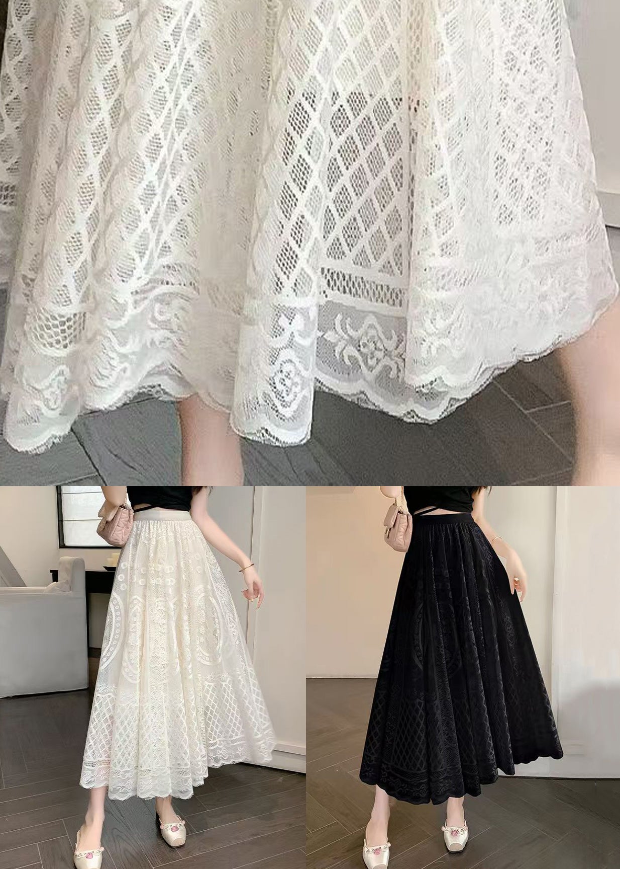 Black Elastic Waist Lace Summer Skirt Embroidered