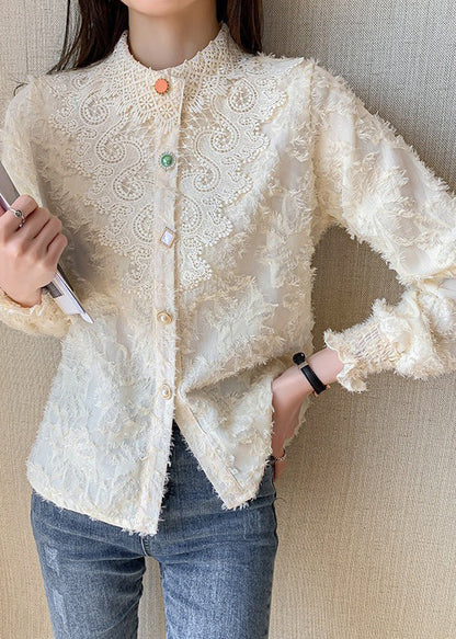 French Apricot Tassel Jacquard Lace Shirt Top Spring