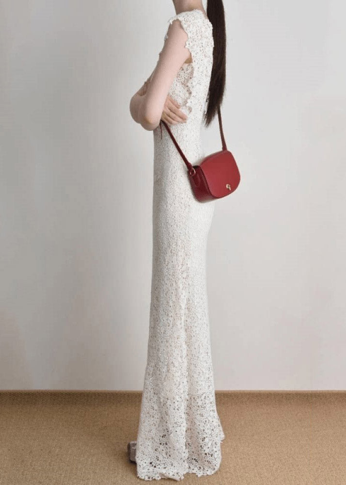 Slim Fit White Holiday Lace Long Dress O-neck Short Sleeve