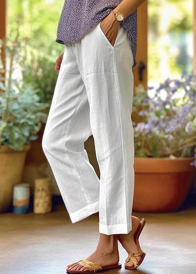 Loose White Pockets High Waist Cotton Crop Pants Summer