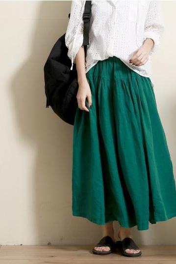 Summer Green and Purple Loose Linen Skirt for
