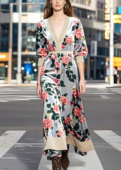 Light Grey Cinched Silk Velvet Maxi Dress Spring