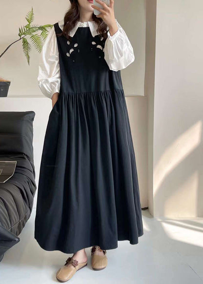 Black O-neck Patchwork Wrinkled Maxi Dress Summer