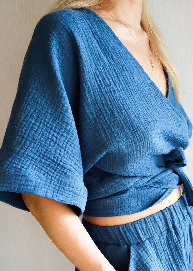 Style Blue V Neck Lace Up Cotton Shirt Top Summer