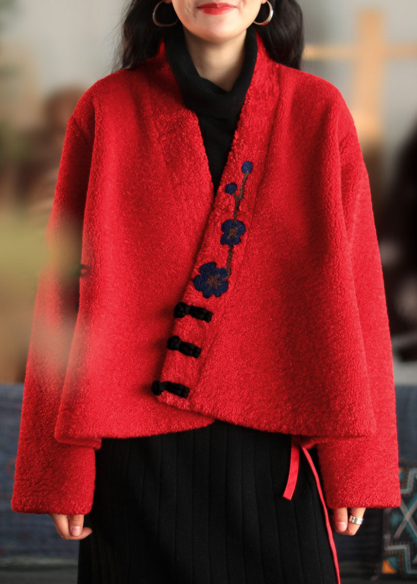 Stylish Red Button Embroidered Woolen Coats Spring