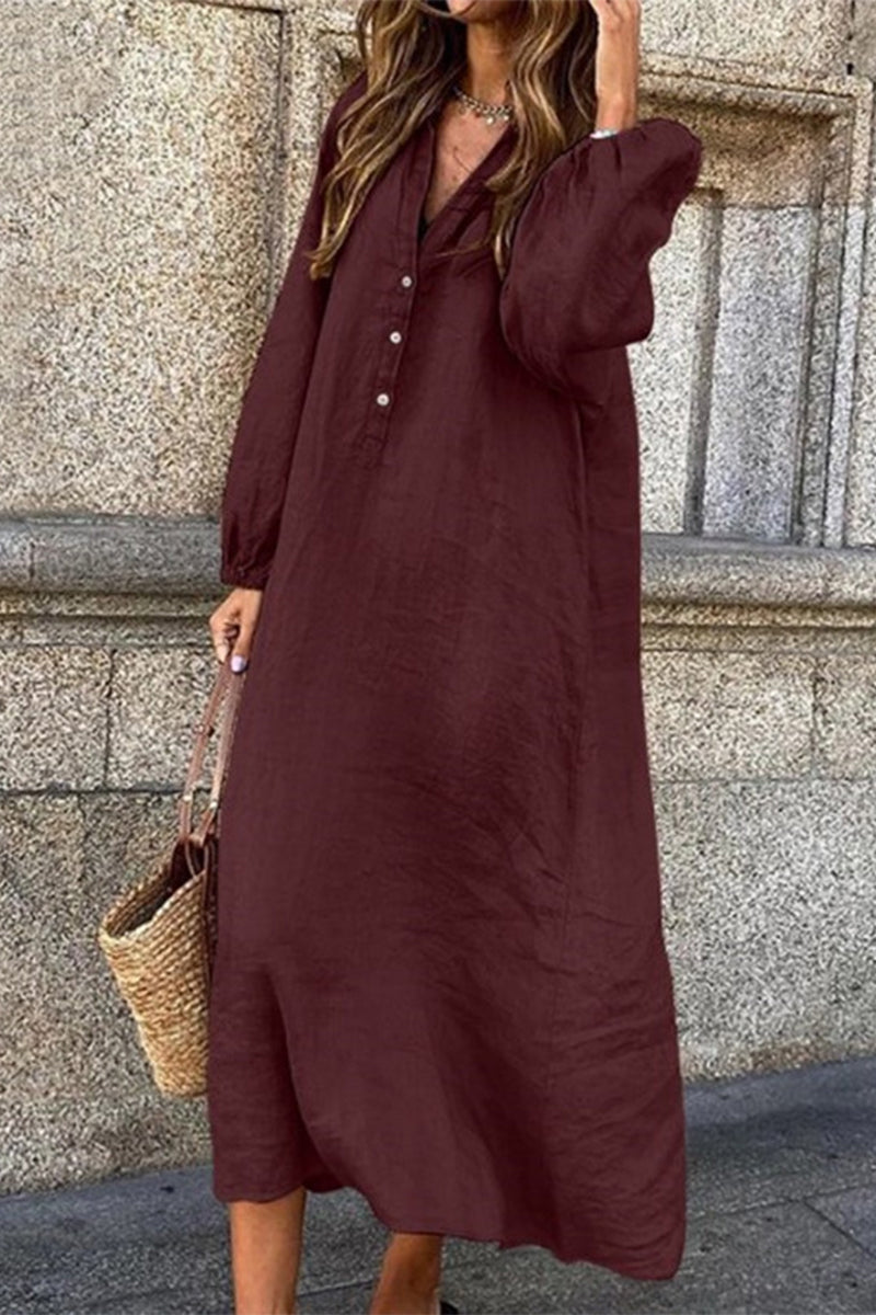 Buttons V Neck Long Sleeve Dresses