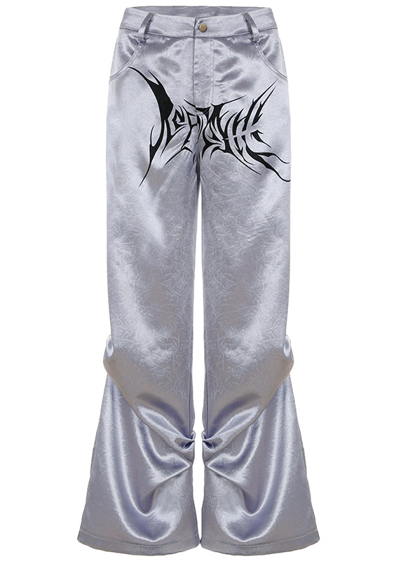 Grey Print Wrinkled Draping Silk Pants Spring
