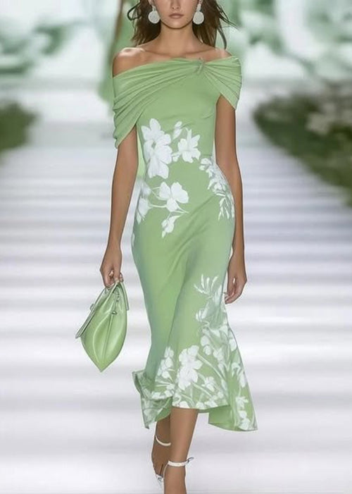 Slim Fit Green Cold Shoulder Print Cotton Long Dresses Summer