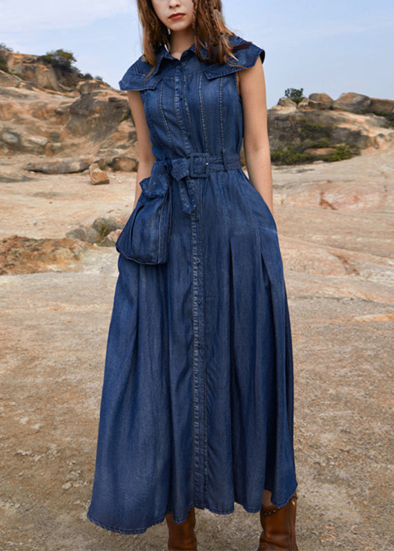 Navy Peter Pan Collar Patchwork Pockets Long Denim Dress Short Sleeve