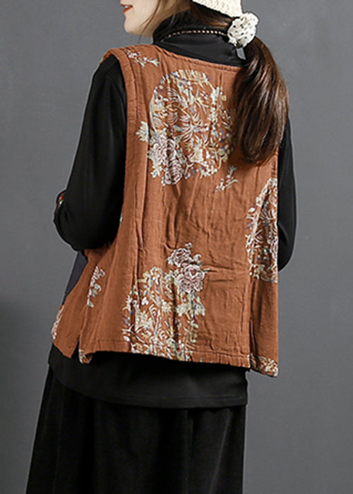 Orange O Neck Print Pockets Thick Waistcoat Sleeveless