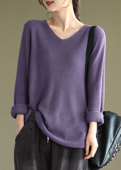 Purple V Neck Patchwork Knitting Cotton Tops Long Sleeve
