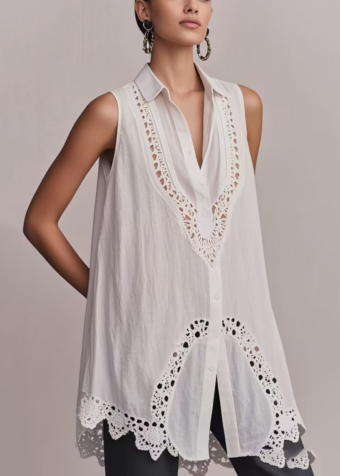 White Hollow Out Cotton Long Vest Sleeveless