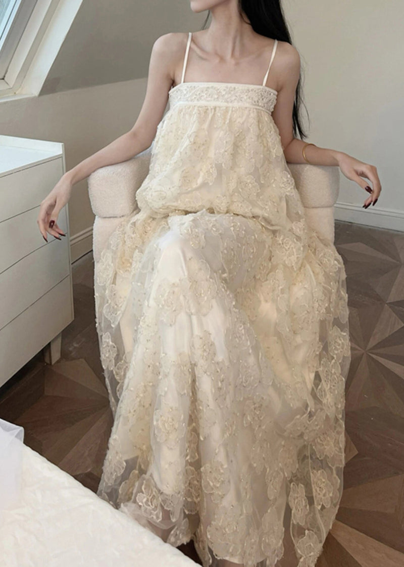 Beige Embroidered Tulle Patchwork Long Dresses Sleeveless