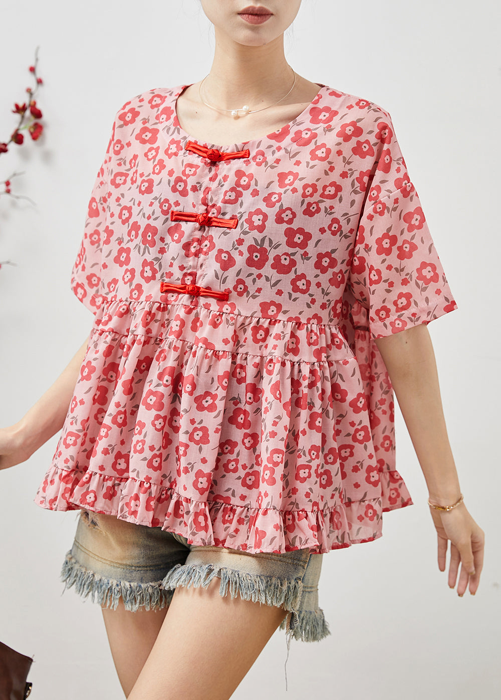 Red Cotton Blouses Chinese Button Summer