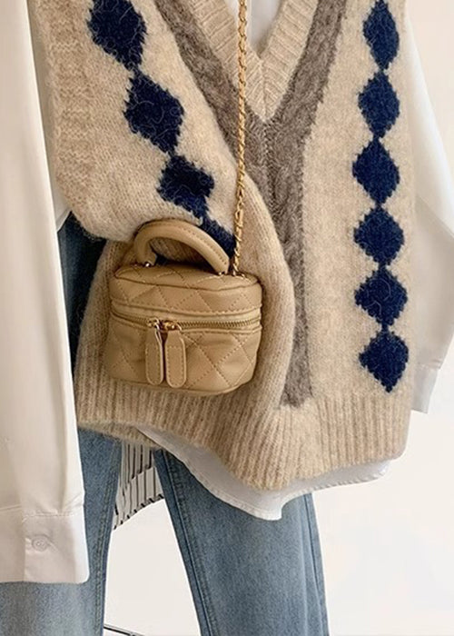 Art Khaki V Neck Plaid Cozy Knit Vest Sleeveless