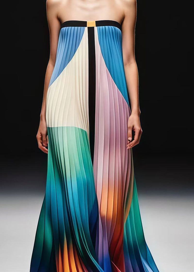 Gradient Color Print Wrinkled Chiffon Strapless Dress Summer