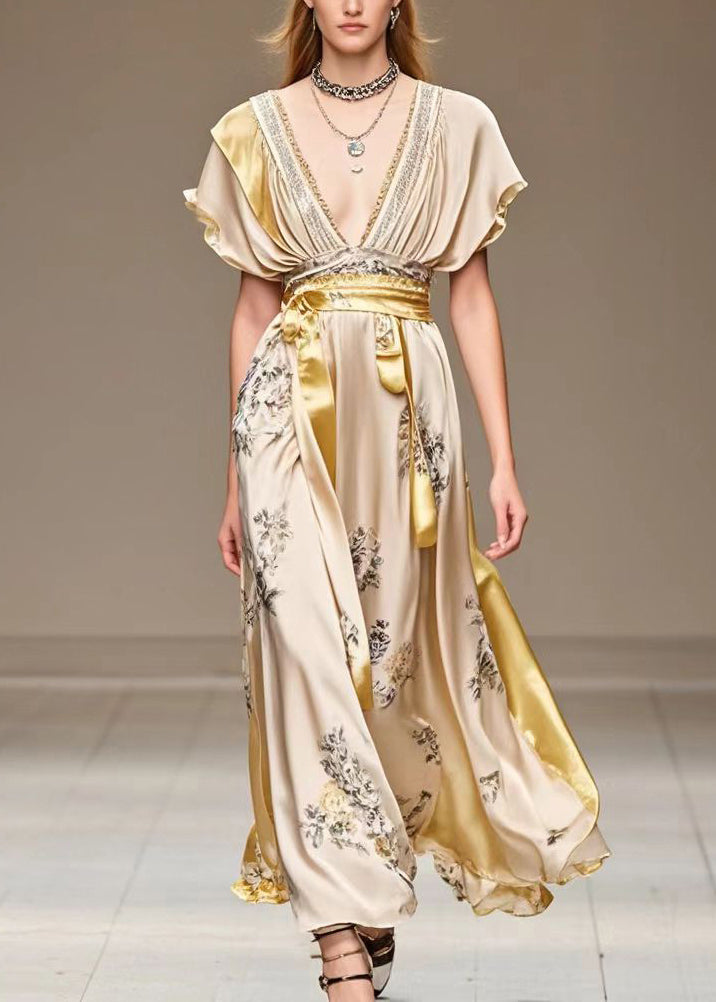 Champagne Cinched Patchwork Print Silk Robe Dresses Summer