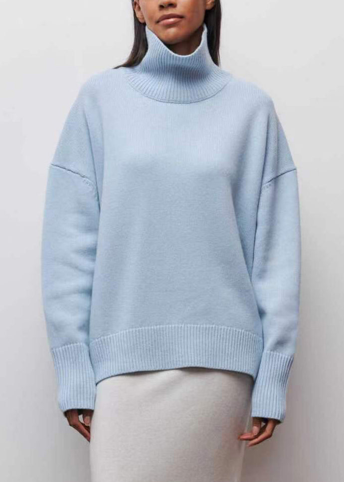 Simple Blue Turtleneck Knit Sweaters Spring