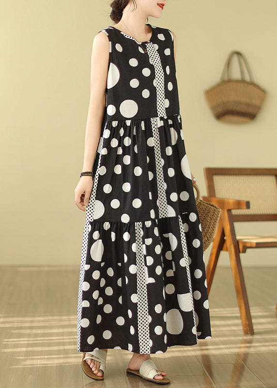 Black Print Exra Large Hem Cotton Long Dress Sleeveless