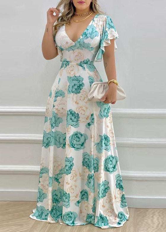 Blue V Neck Print Cotton Maxi Dresses Petal Sleeve
