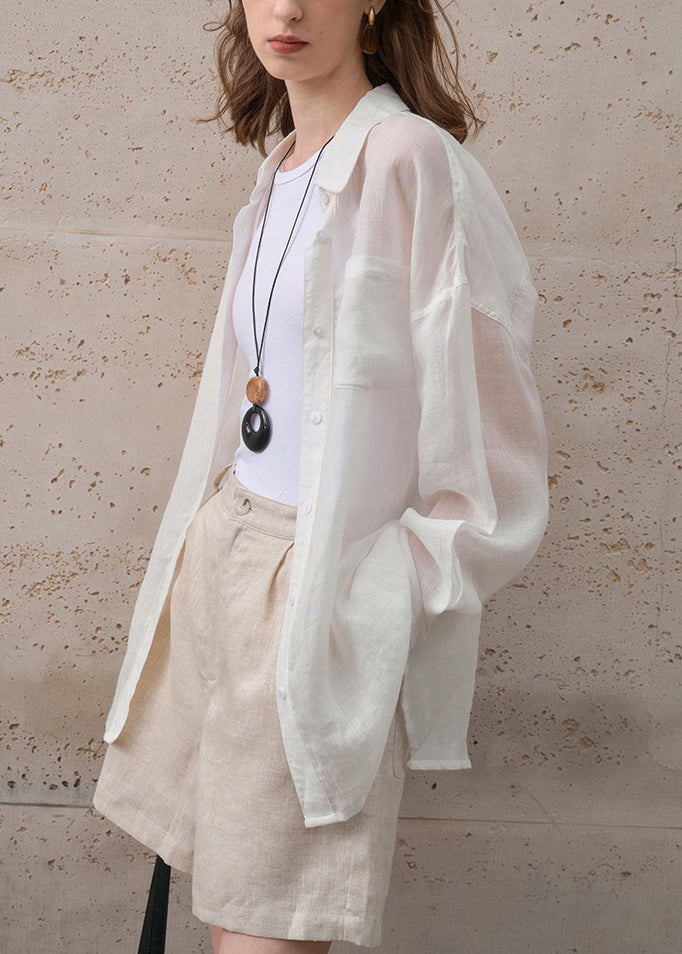New White Peter Pan Collar Button Linen Shirt Top Summer