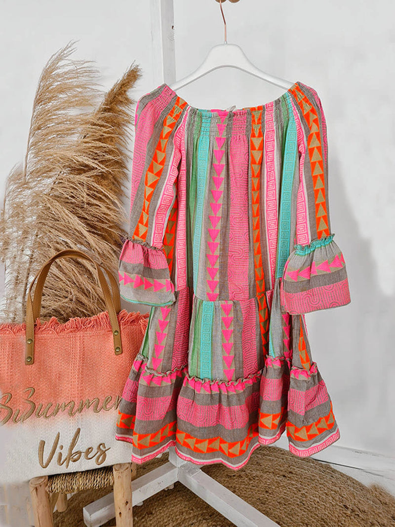 Print Linen Blend Off Shoulder Loose Mini Dress