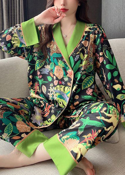 Green Peter Pan Collar Print Ice Silk Pajamas Two-piece Set Spring