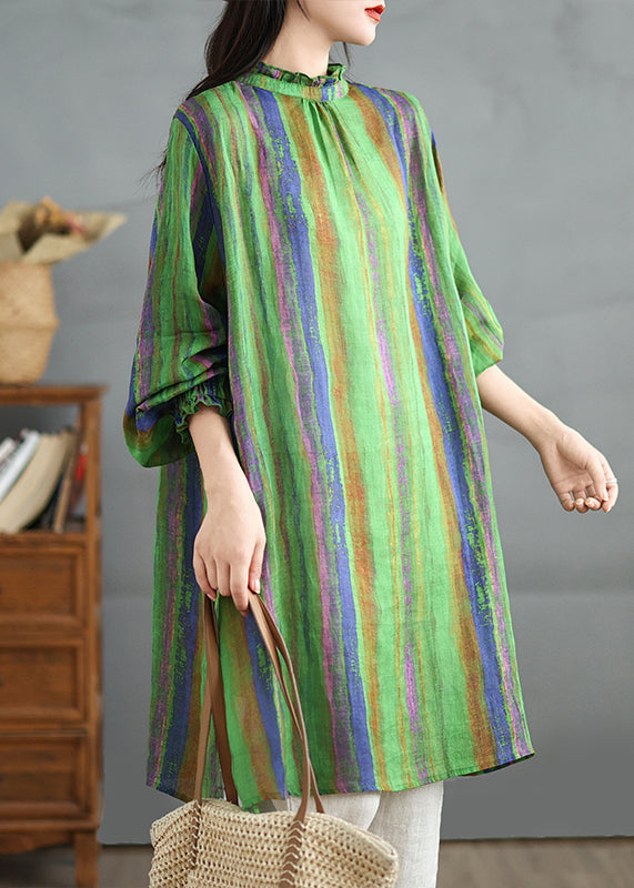 Green Ruffled Stand Collar Striped Cotton Shirt Top Fall