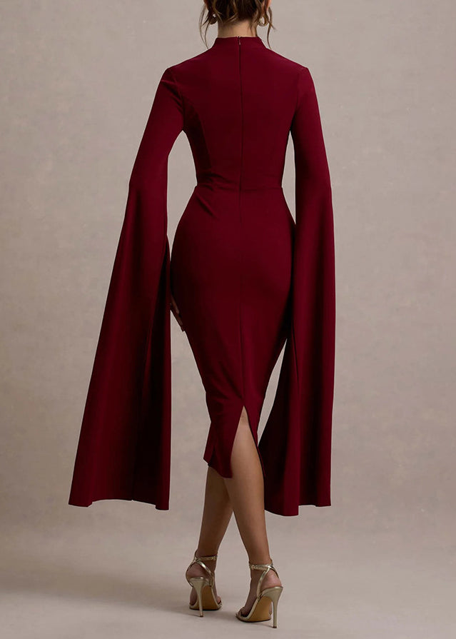 New Wine Red Long Sleeved Slit Ribbon Dress Hollowed Out