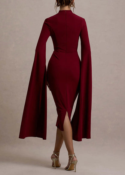 New Wine Red Long Sleeved Slit Ribbon Dress Hollowed Out