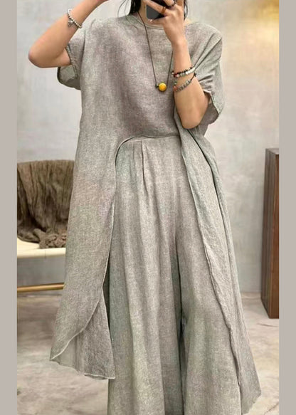 Art Grey Asymmetrical Patchwork Cotton Top Short Sleeve