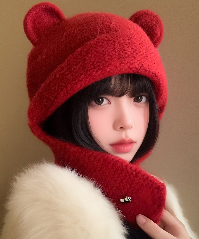 Red Thick Knit Ear Protection Warm Bonnie Hat