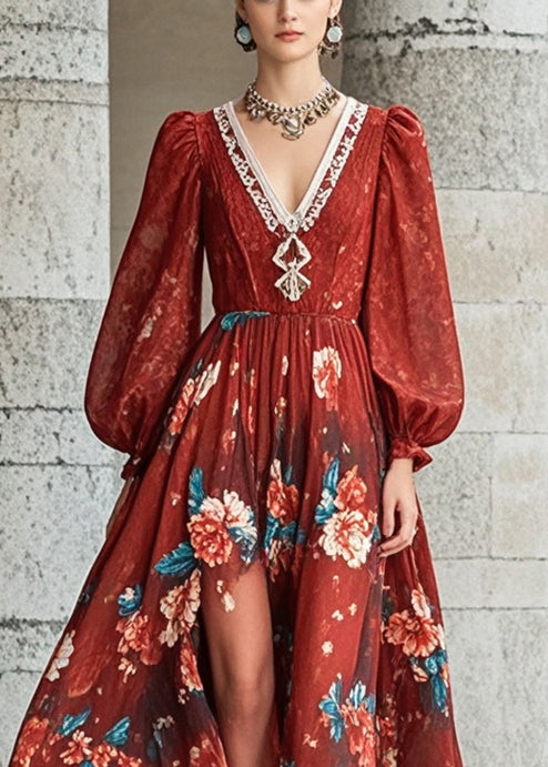 Red V Neck Chiffon Dresses Fall