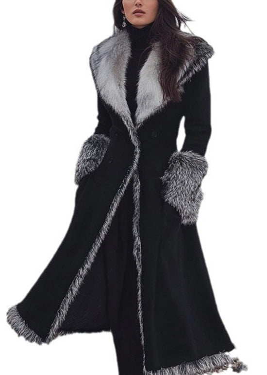 Black Peter Pan Collar Patchwork Faux Suede Warm Fleece Trench Spring