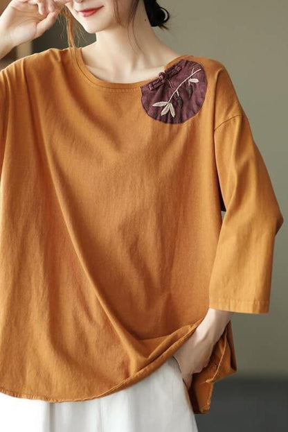 Cotton Split Patchwork O Neck T-shirt