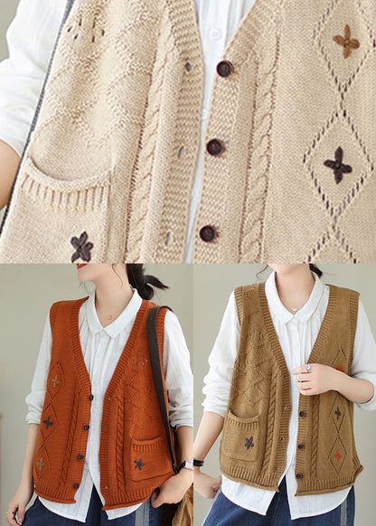 Versatile Beige V Neck Embroideried Knit Vest Fall