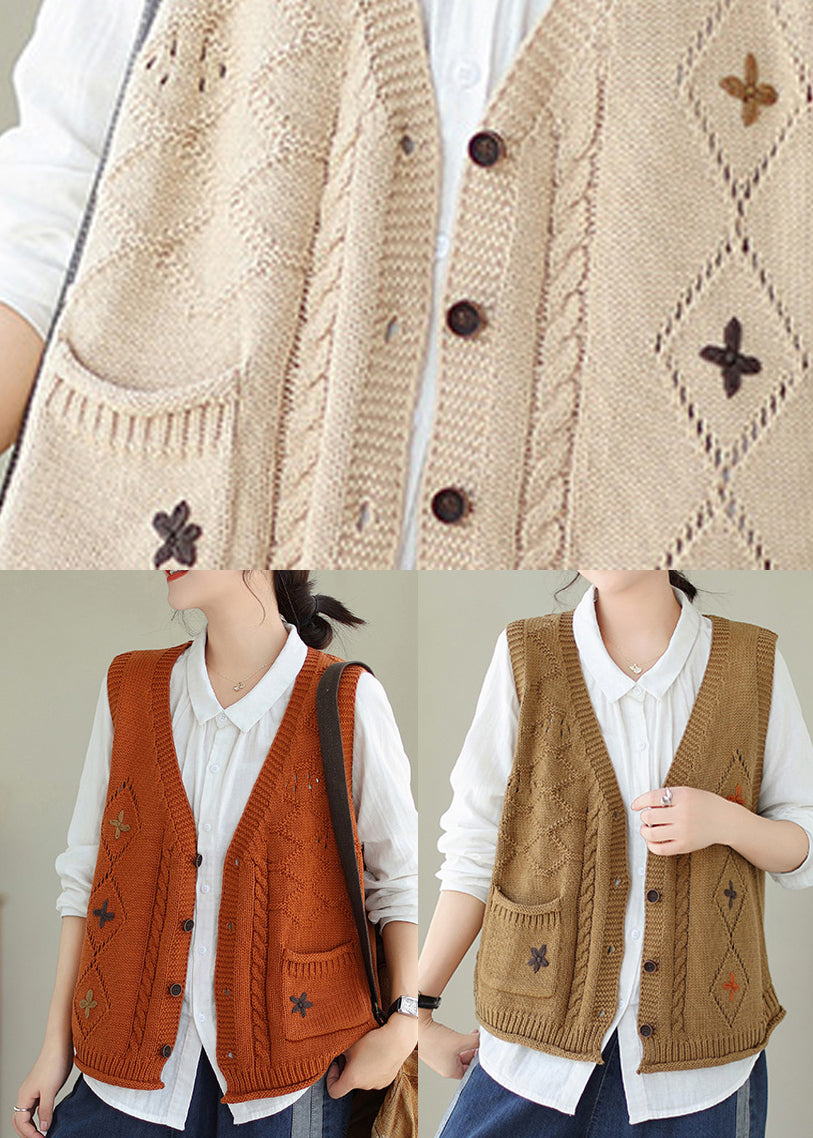 Versatile Beige V Neck Embroideried Knit Vest Fall