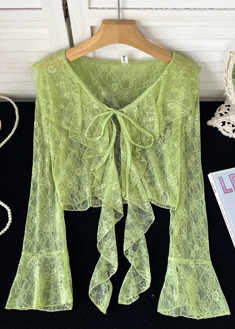 Pink Ruffled Lace Up Lace Tops Flare Sleeve