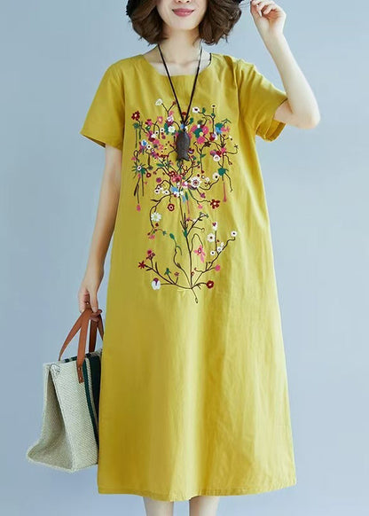 Yellow Fine Embroidered Linen Dress Summer
