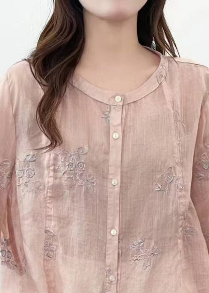 Pink Embroidered Linen Loose Shirt Half Sleeve