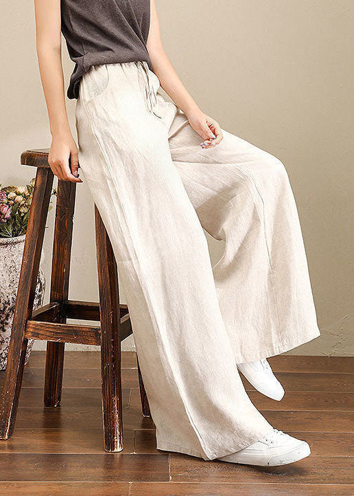 Orange-print2 Elastic Waist Linen Straight Pants Color Drawstring Summer
