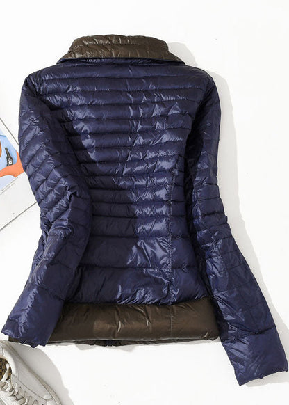 Italian Navy Stand Collar Zip Up Pockets Patchwork Duck Down Jacket in Winter